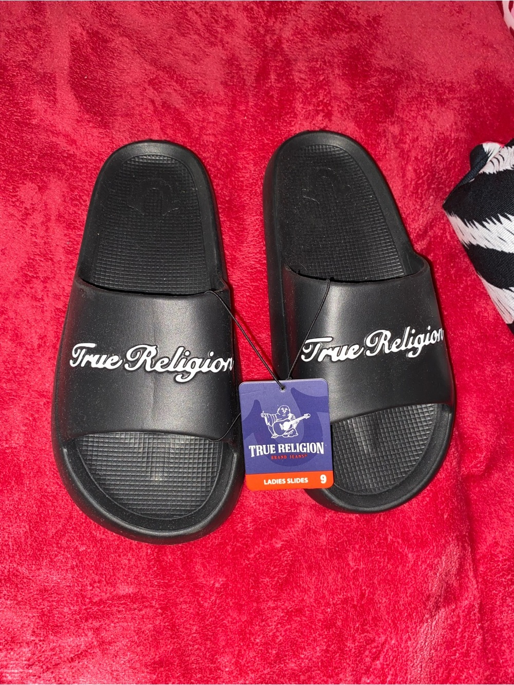 True Religion Black Slide Sandals with White Logo